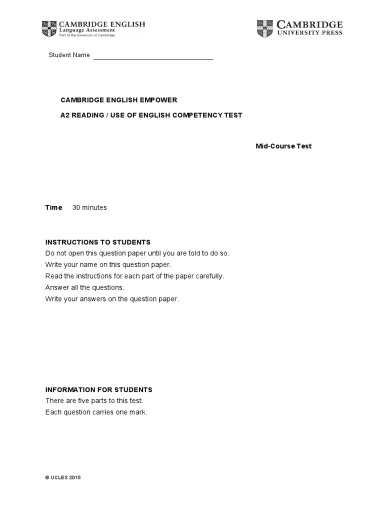 Cambridge English Empower A2 Reading / Use of English Competency Test | PDF