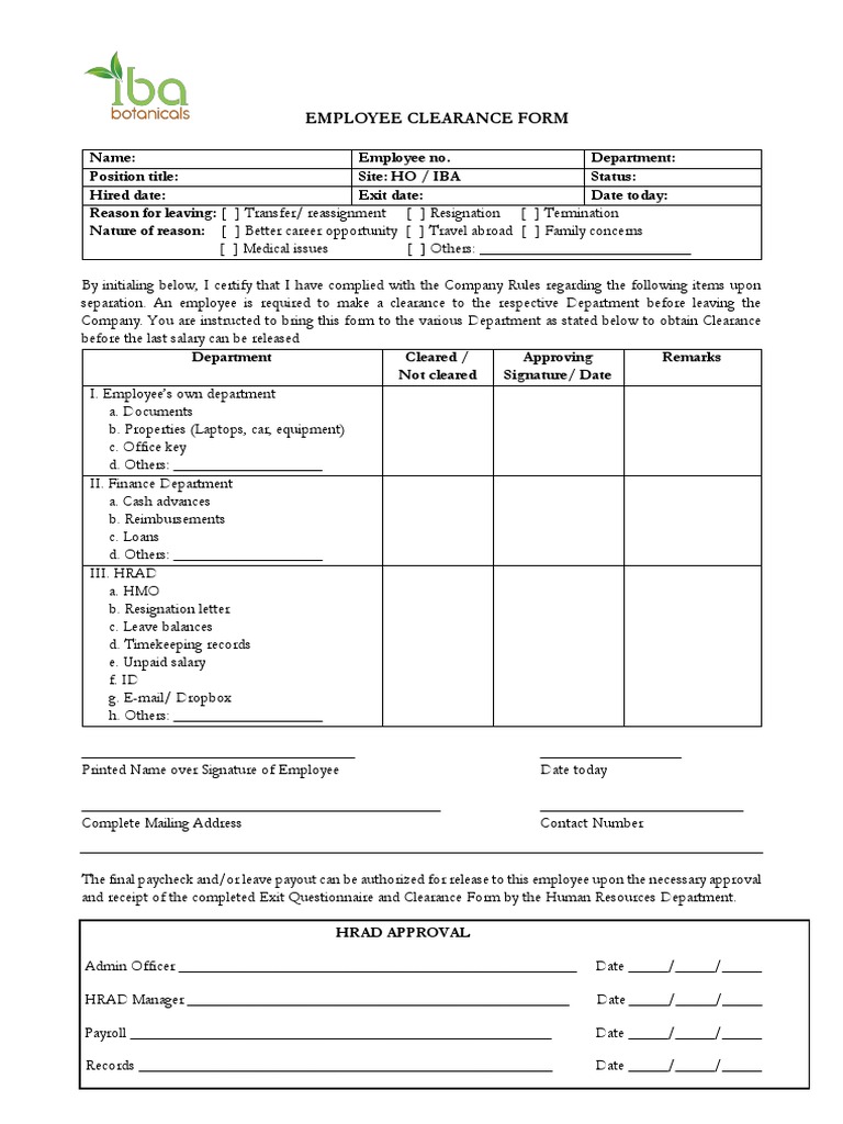 Employee Exit Clearance Form pdf PDF Business