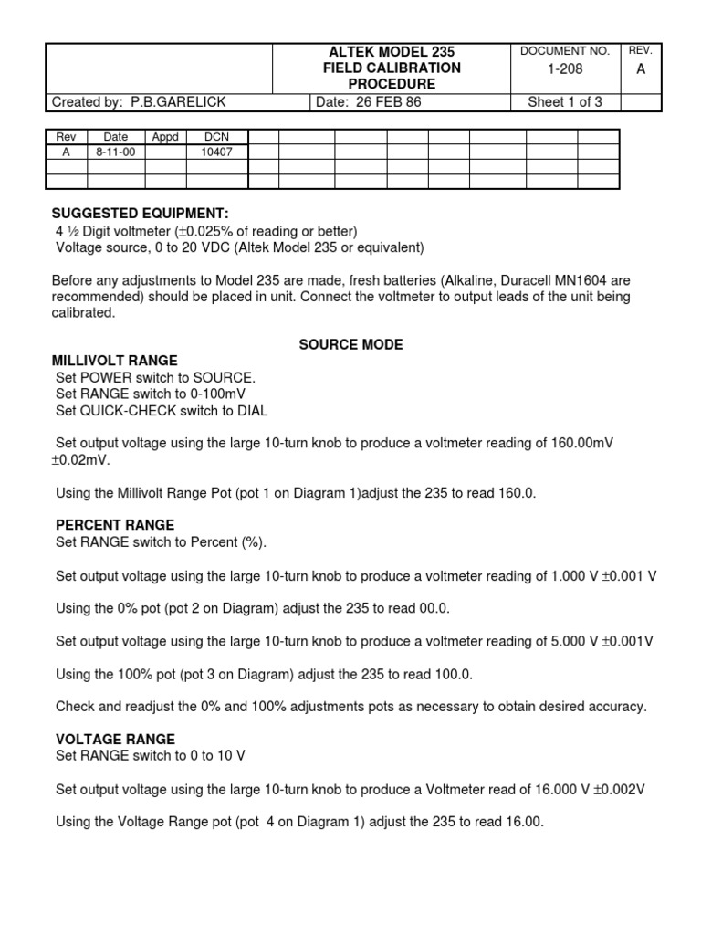 Altek Model 235 Field Calibration Procedure Document No PDF