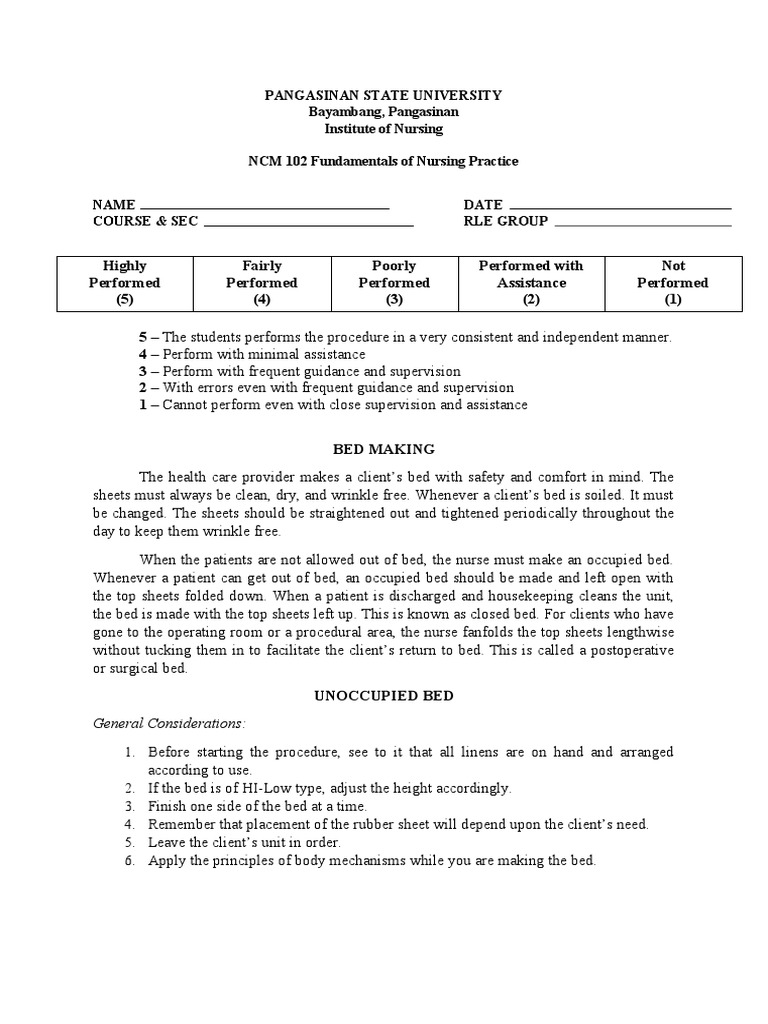 Bed Making (Occupied and Unoccupied) PDF Bed Bedding