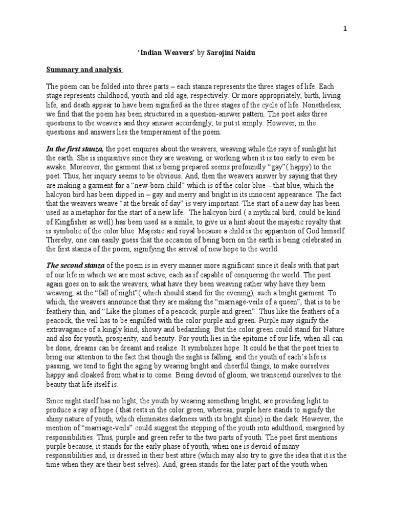 Indian Weavers' by Sarojini Naidu Summary and Analysis PDF