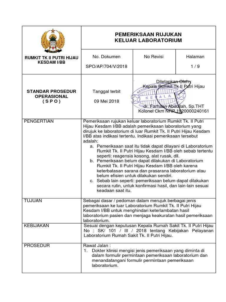 Prosedur Rujukan Laboratorium RS Putri Hijau | PDF