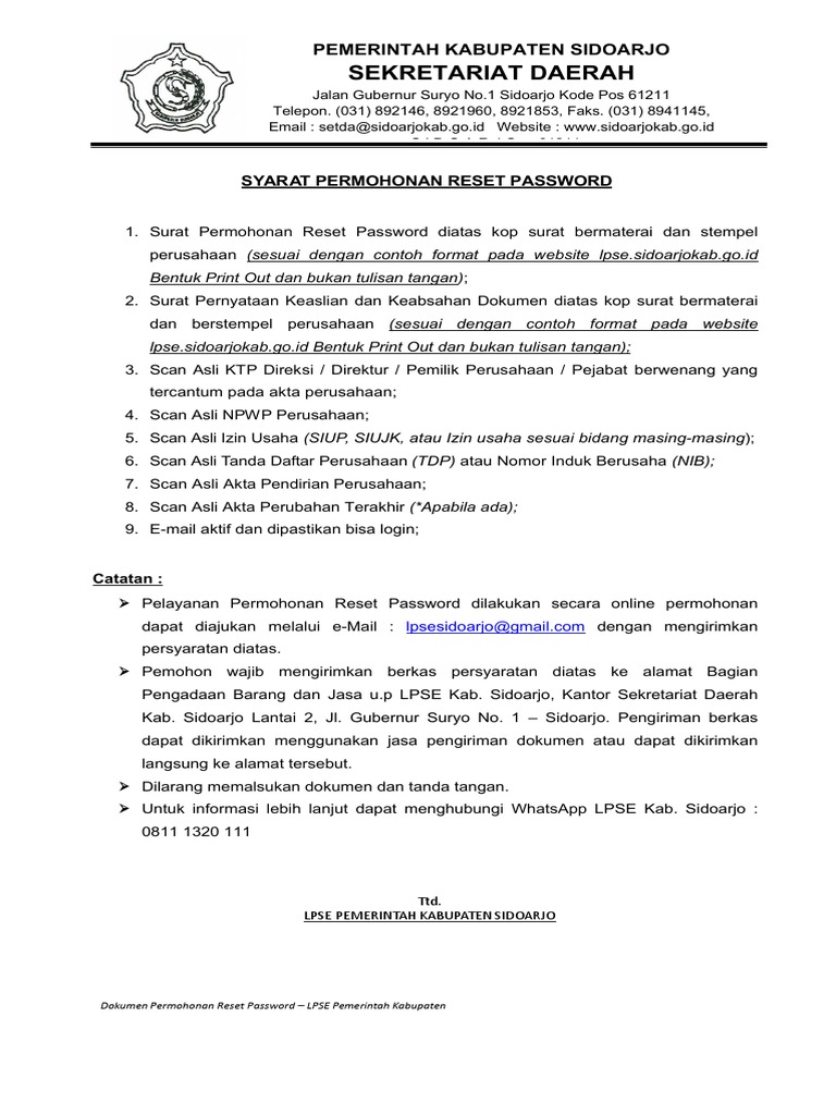 Pedoman Dan Format Permohonan Reset Password | PDF