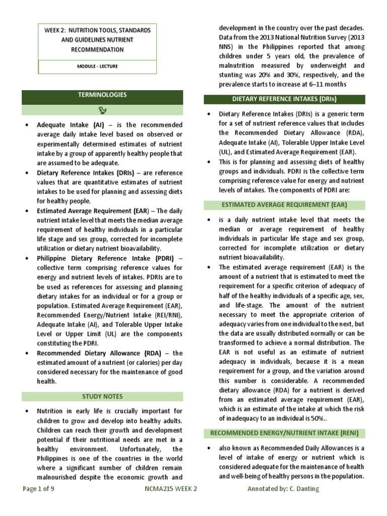 Terminologies Dietary Reference Intakes (Dris) Adequate Intake (AI