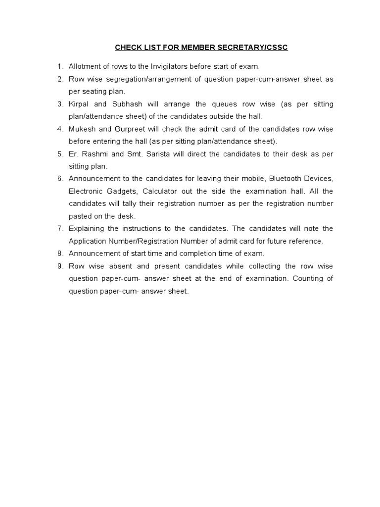 Checklist for Exam Day Procedures Including Distribution of Materials