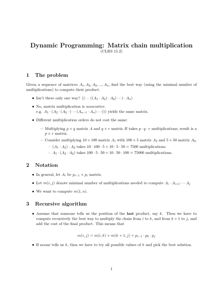 Dynamic Programming: Matrix Chain Multiplication: 1 The Problem | PDF ...