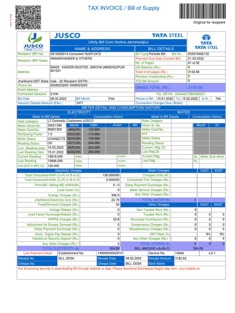 TAX INVOICE / Bill of Supply Utility Bill Cum Notice Jamshedpur Name