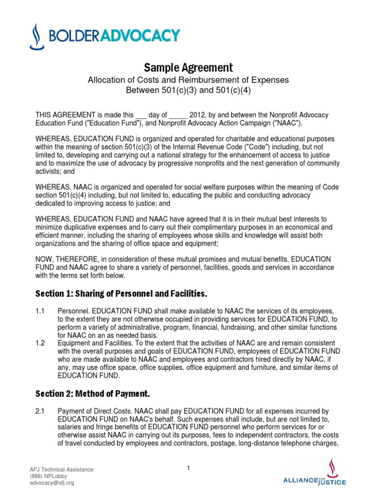 Cost Sharing Agreement Between Nonprofit Advocacy Education Fund and