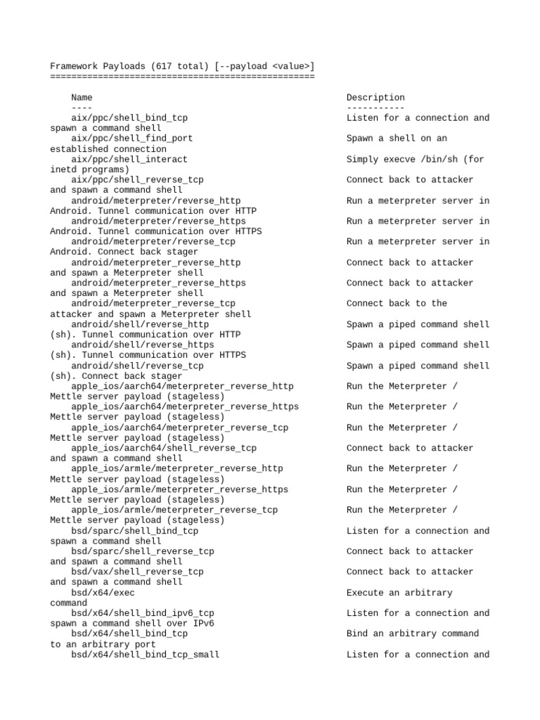 Framework Payloads Overview | PDF | Command Line Interface | Networking