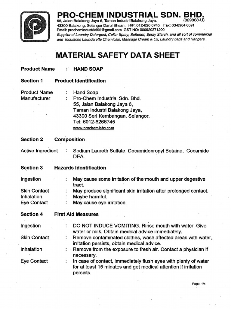 Cleaning MSDS Hand Soap PDF