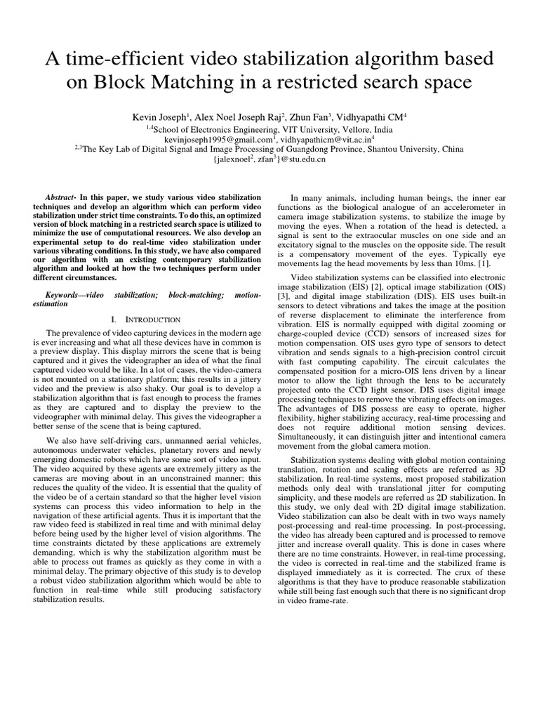 A TimeEfficient Video Stabilization Algorithm Based On Block Matching