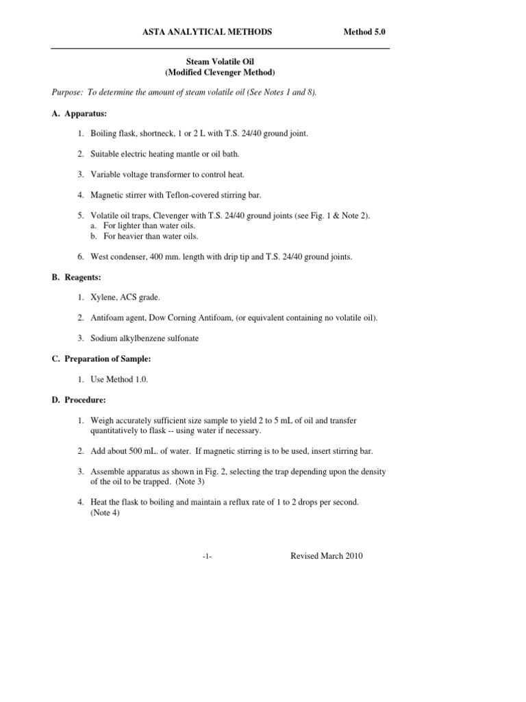 ASTA Method 5: Steam Volatile Oil Analysis | PDF | Distillation | Water
