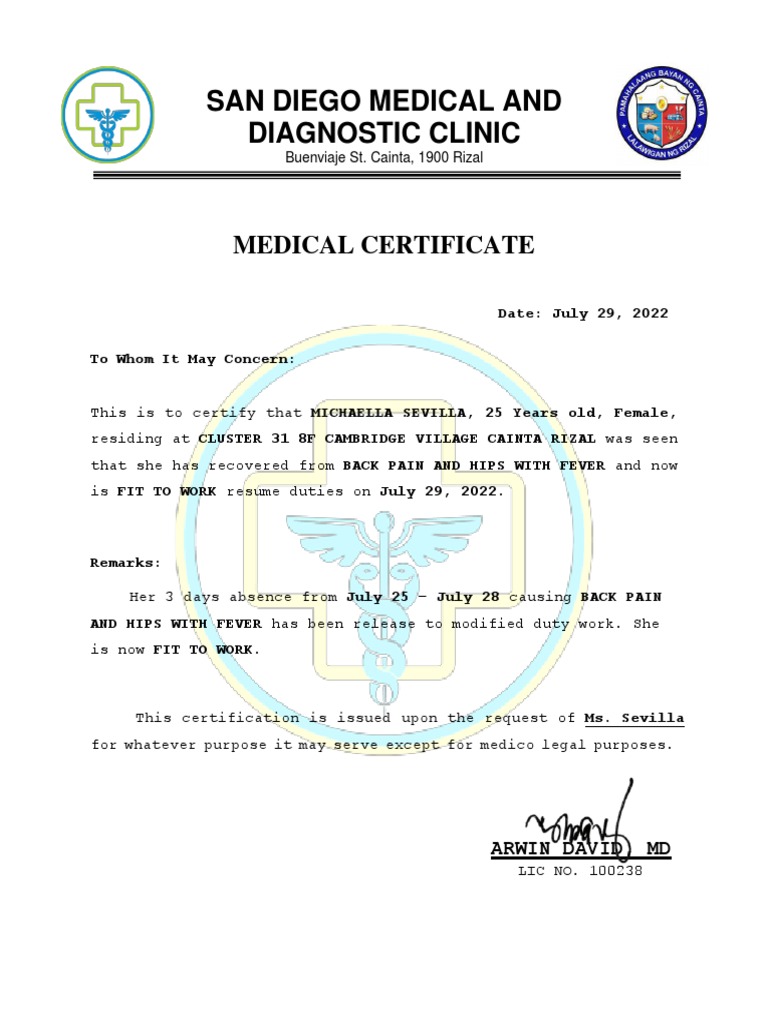 Medical Cert Fit To Work PDF