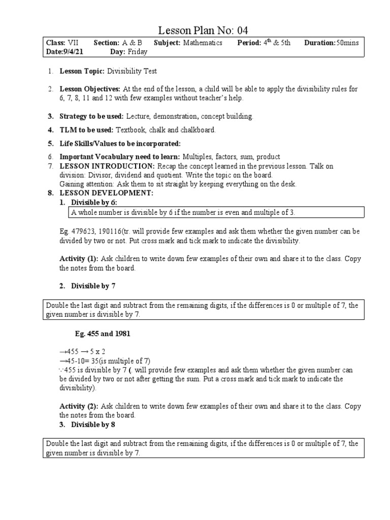 Lesson Plan No 4 | PDF | Numbers | Arithmetic