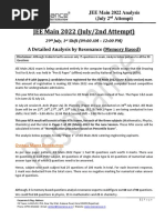 JEE Main 2022 July Session 2 Shift-1 (Dt 29-07-2022) Detailed Analysis