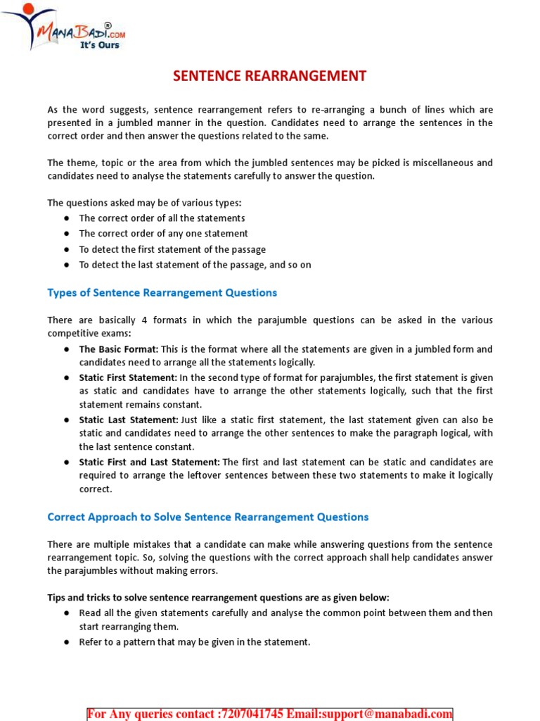 Understanding Sentence Rearrangement Types of Questions and Effective