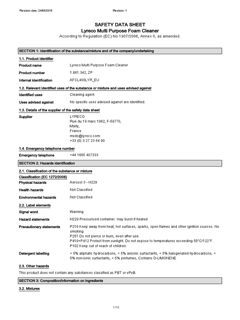 Safety Data Sheet Lyreco Multi Purpose Foam Cleaner According To Regulation (EC) No 1907/2006