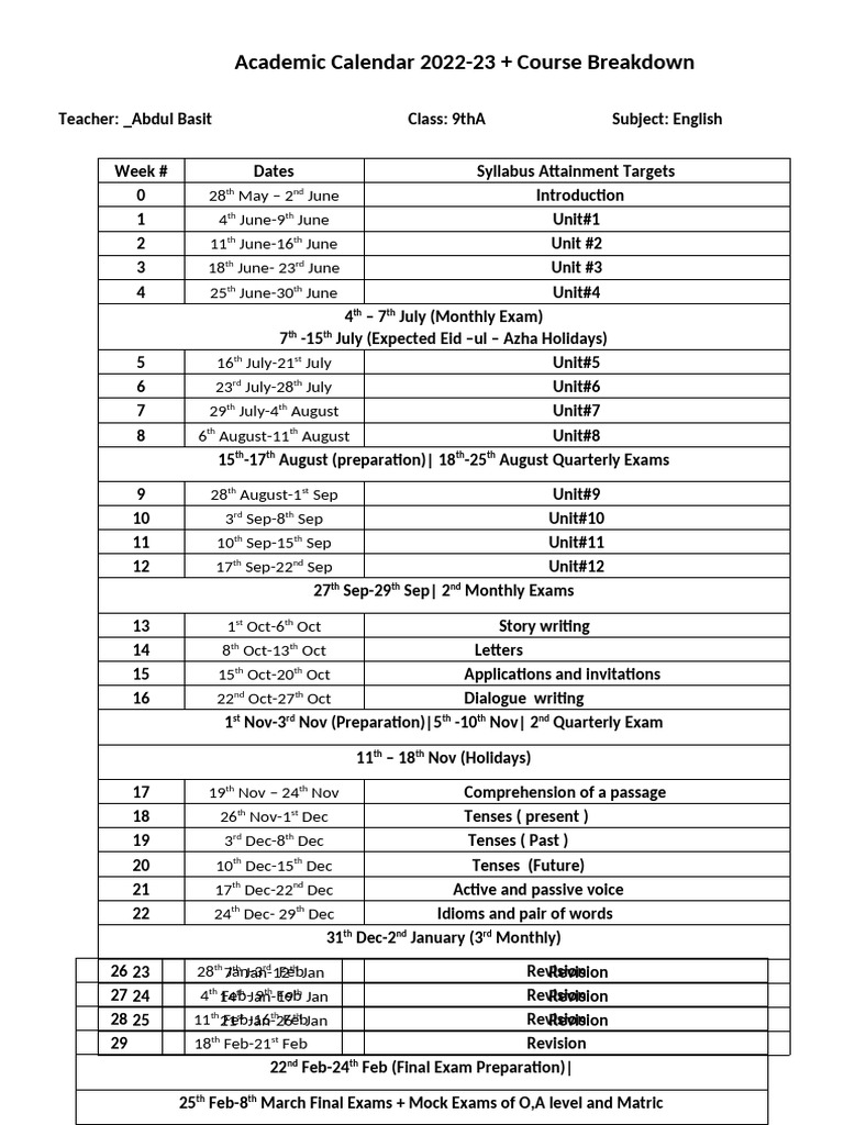 Academic Calendar 202223 + Course Breakdown TH ND TH TH TH TH TH RD