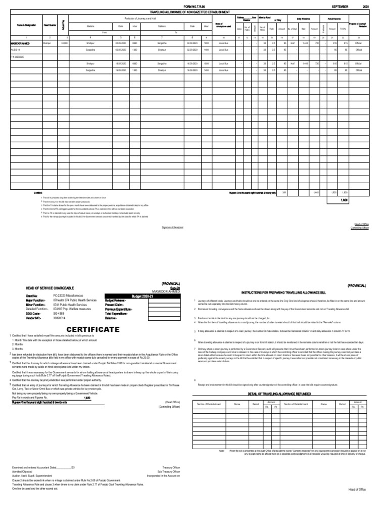 Non-Gazetted TA Bill Form Instructions | PDF | Receipt | Government