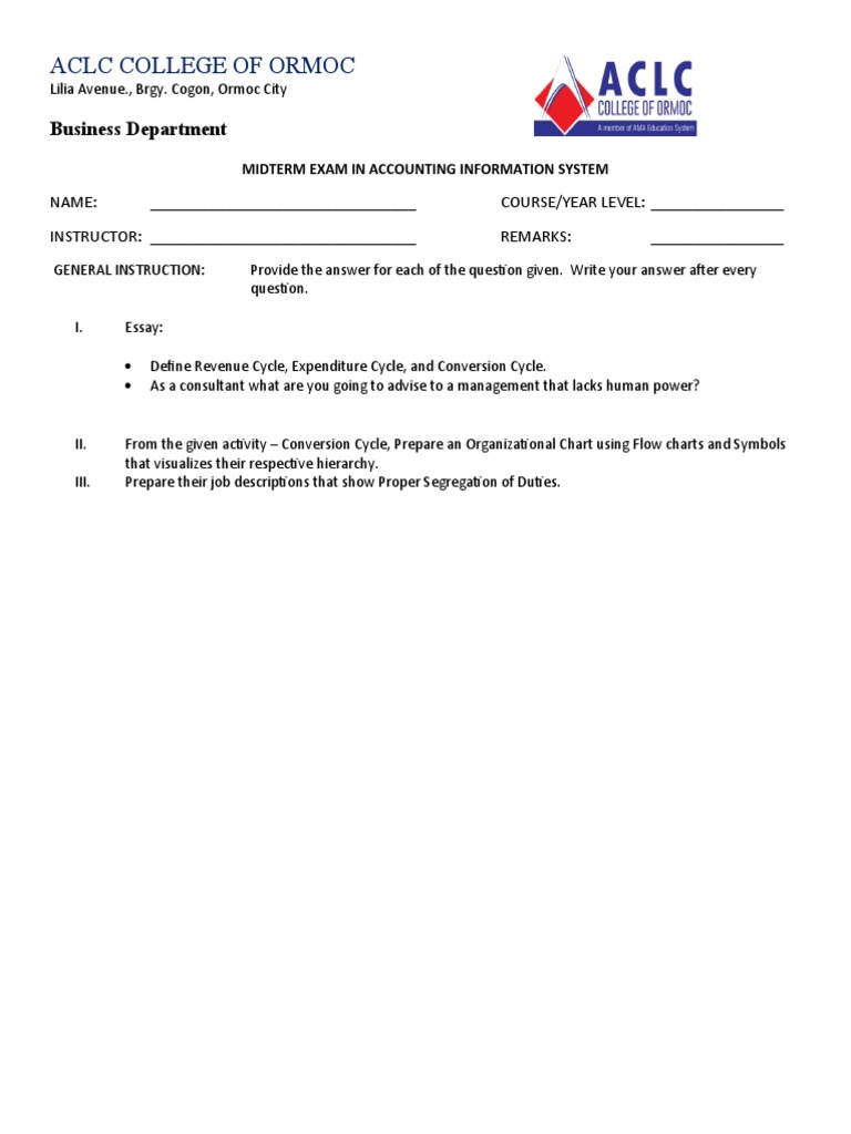 Midterm Exam in Accounting Information System - Omega | PDF | Career ...