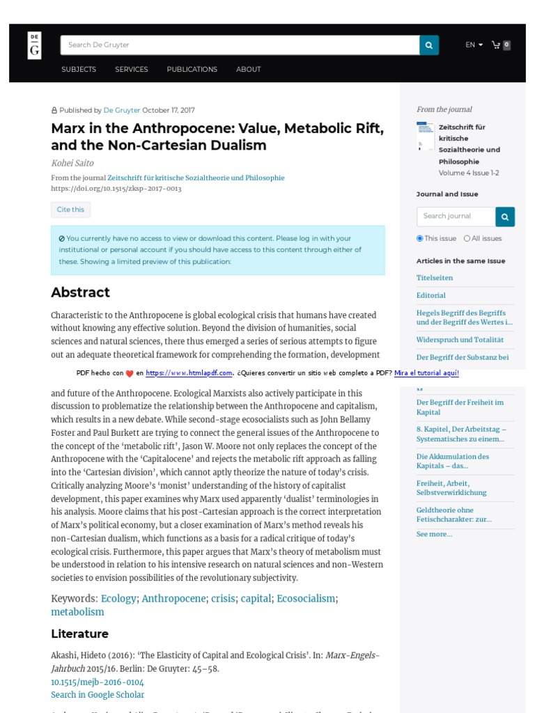 Marx in The Anthropocene Value, Metabolic Rift, and The Non-Cartesian ...