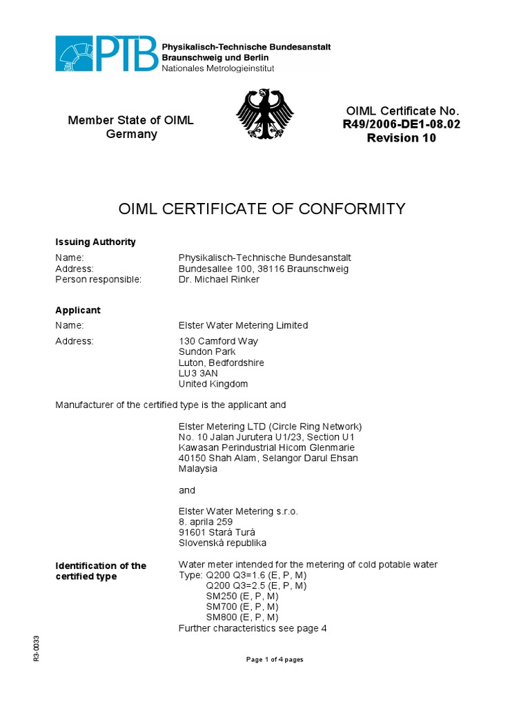 OIML Certificate for Elster Water Meters | PDF | Pipe (Fluid Conveyance)