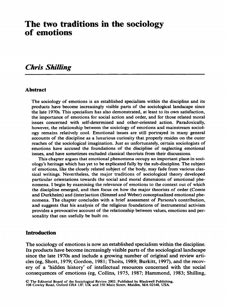 The Two Traditions in The Sociology of Emotions: Chris Shilling | PDF ...