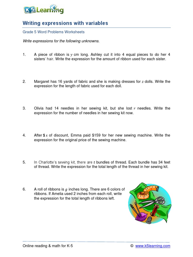 Grade 5 Word Problems Variables Expressions A | PDF | Language Arts ...