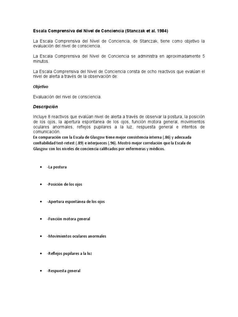 Escala Comprensiva del Nivel de Conciencia | PDF