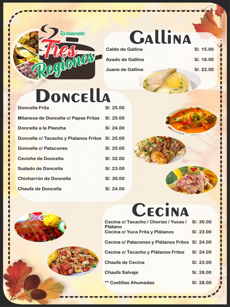 Menú de un restaurante peruano con una variedad de platillos a base de ...