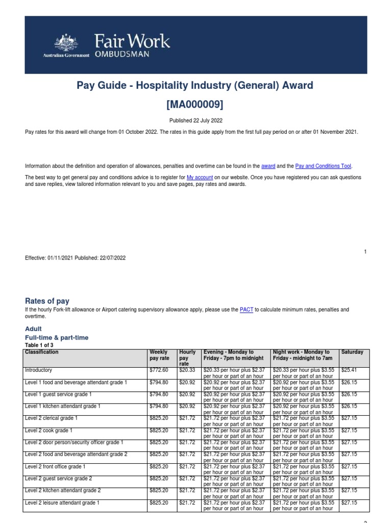 Pay Guide Hospitality Industry (General) Award (MA000009) PDF Annual Leave