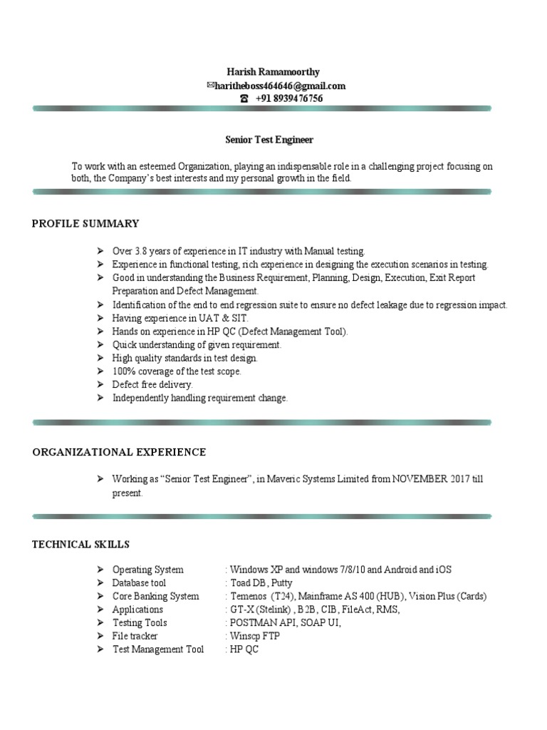 Senior Test Engineer Profile Summary | PDF | Xml | Payments