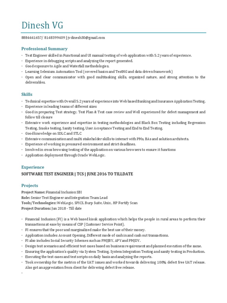 Test Engineer Resume - Dinesh VG | PDF | Software Testing | Computing