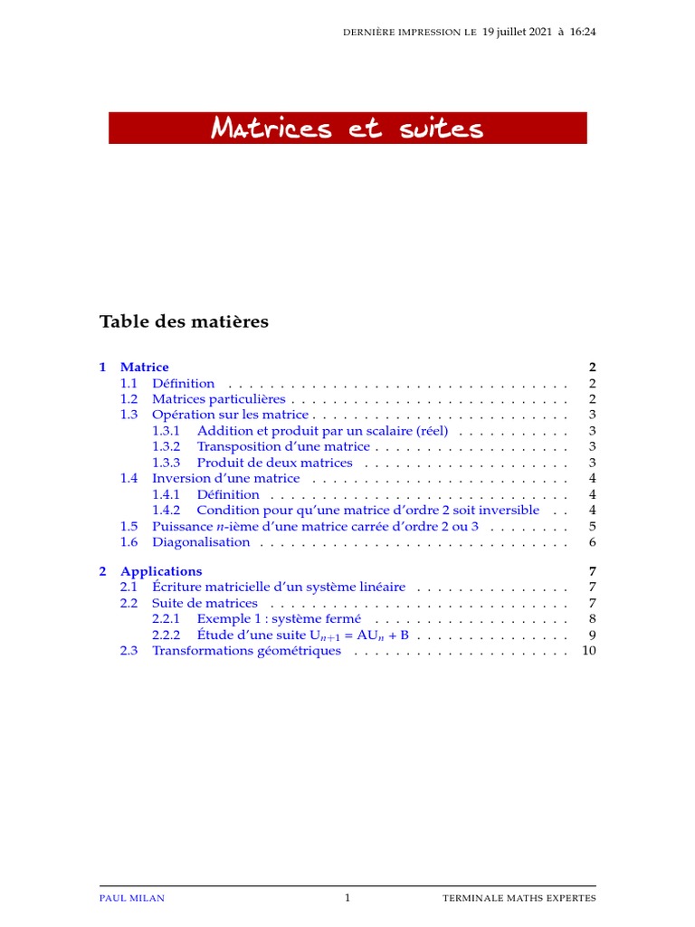 06 Cours Matrices Suites | PDF | Matrice (Mathématiques) | Concepts ...