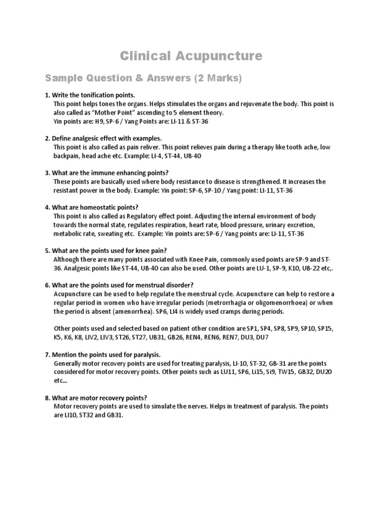 Clinical Acupuncture Sample Question & Answers (2 Marks) PDF
