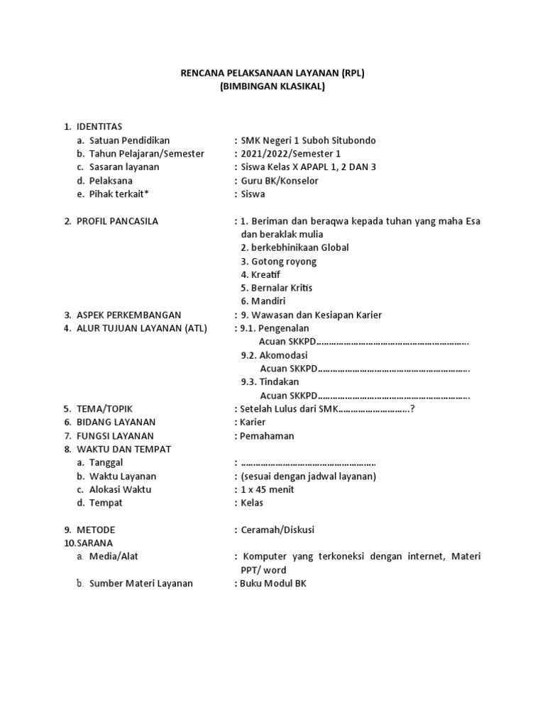 Rencana Layanan Bimbingan Karier SMK | PDF