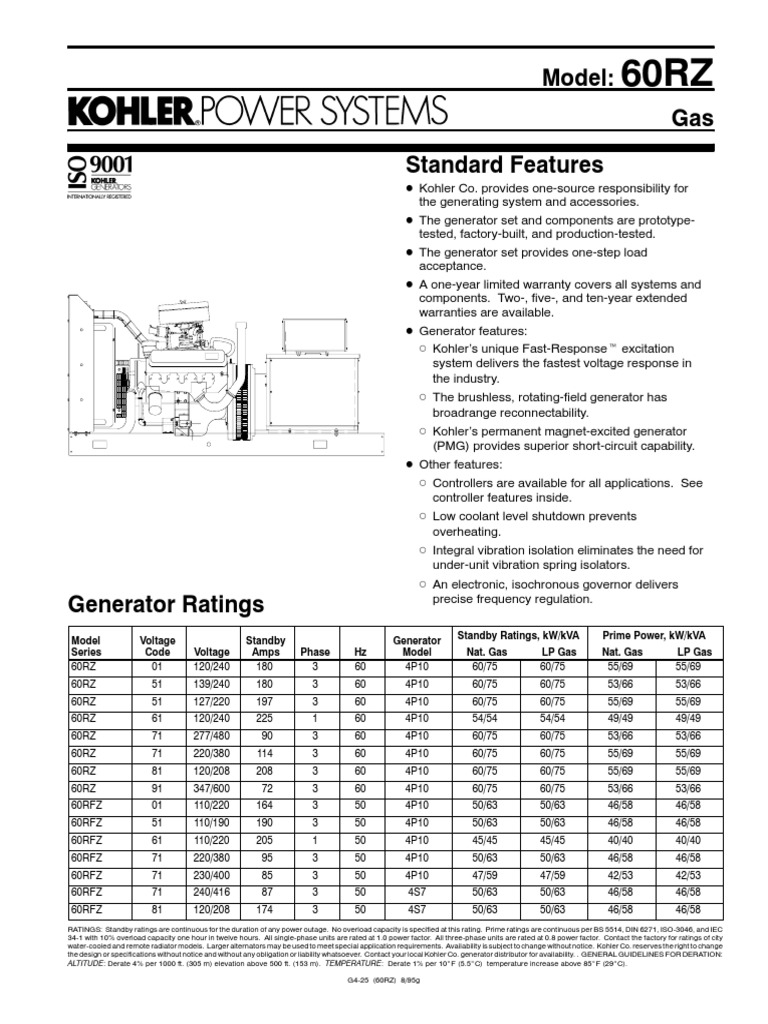 Kohler 60RZ Spec Sheet PDF Electric Generator Radiator