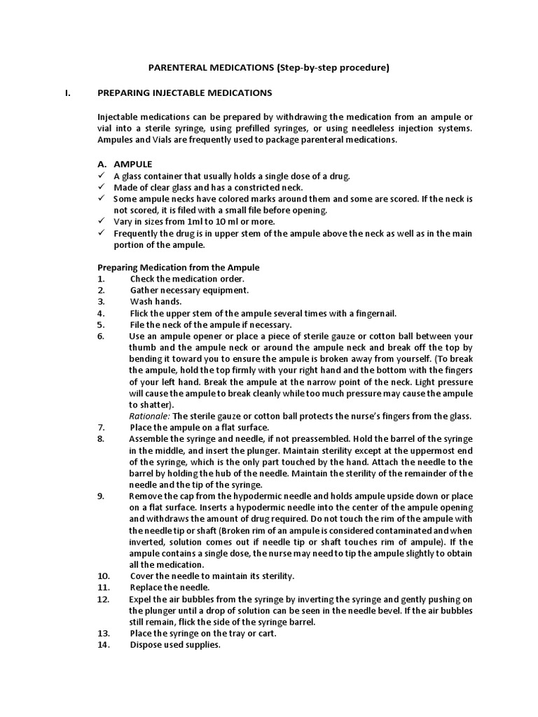 Parenteral Medication Step by Step Procedure | PDF | Injection ...