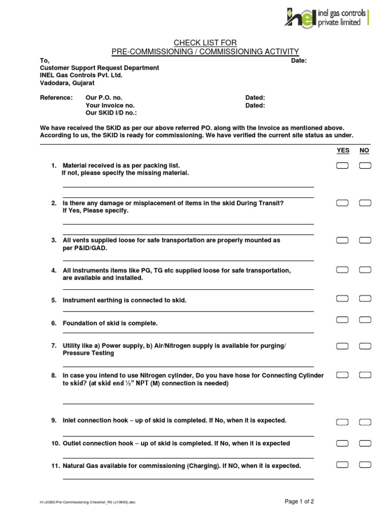 Pre-Commissioning Checklist for SKID | PDF | Gases
