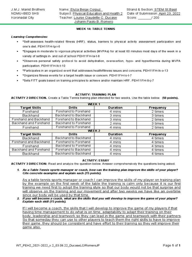 Two-Week Table Tennis Training Plan | PDF | Career & Growth