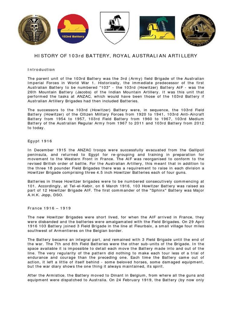 History of 103rd Battery, RAA | PDF | Artillery Battery | Regiment