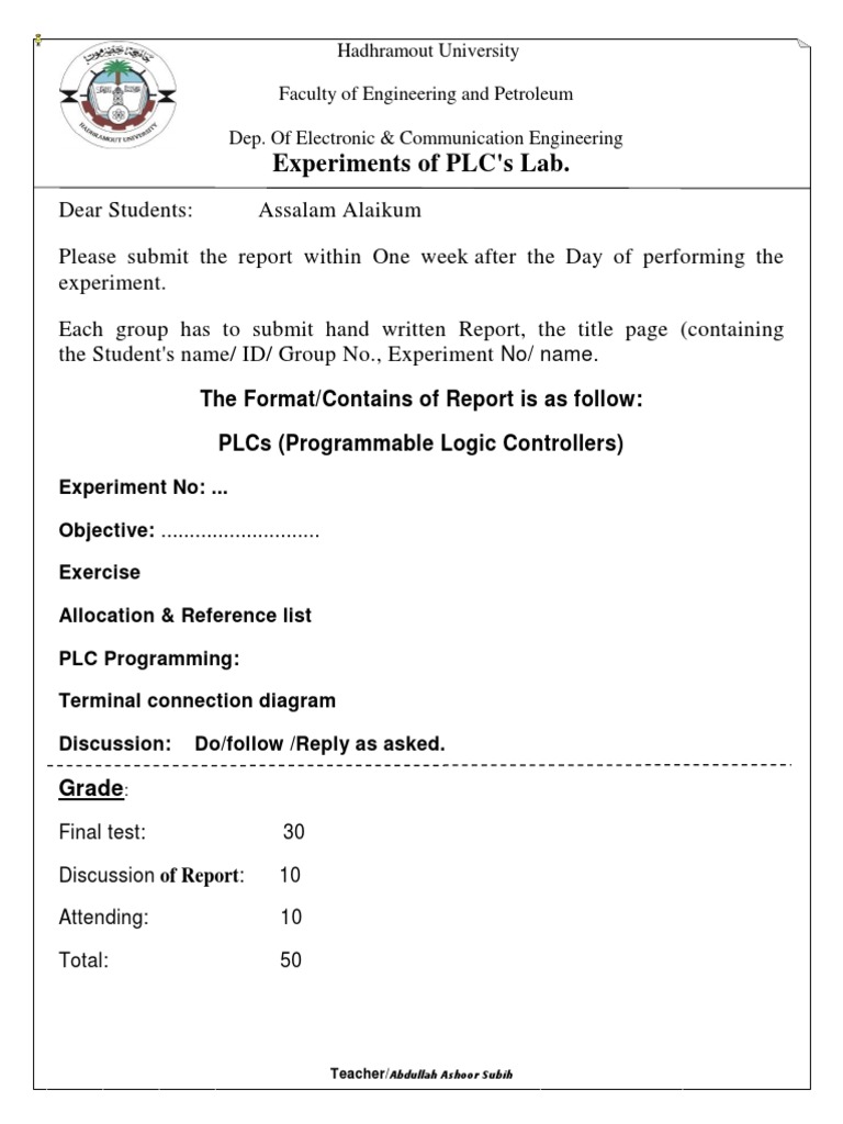 Experiments of PLC'S Lab. The Format/Contains of Report Is As Follow