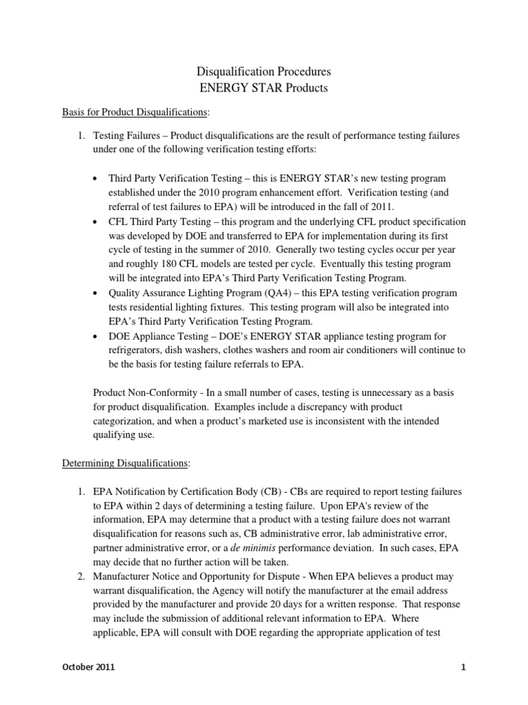 Disqualification Procedures ENERGY STAR Products: October 2011 1 | PDF ...