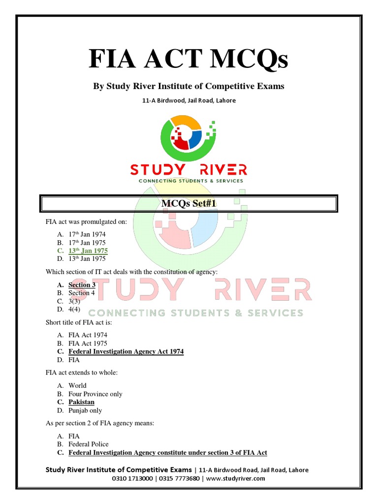 FIA Act 1974 MCQs for Competitive Exams | PDF | Government Of Pakistan ...