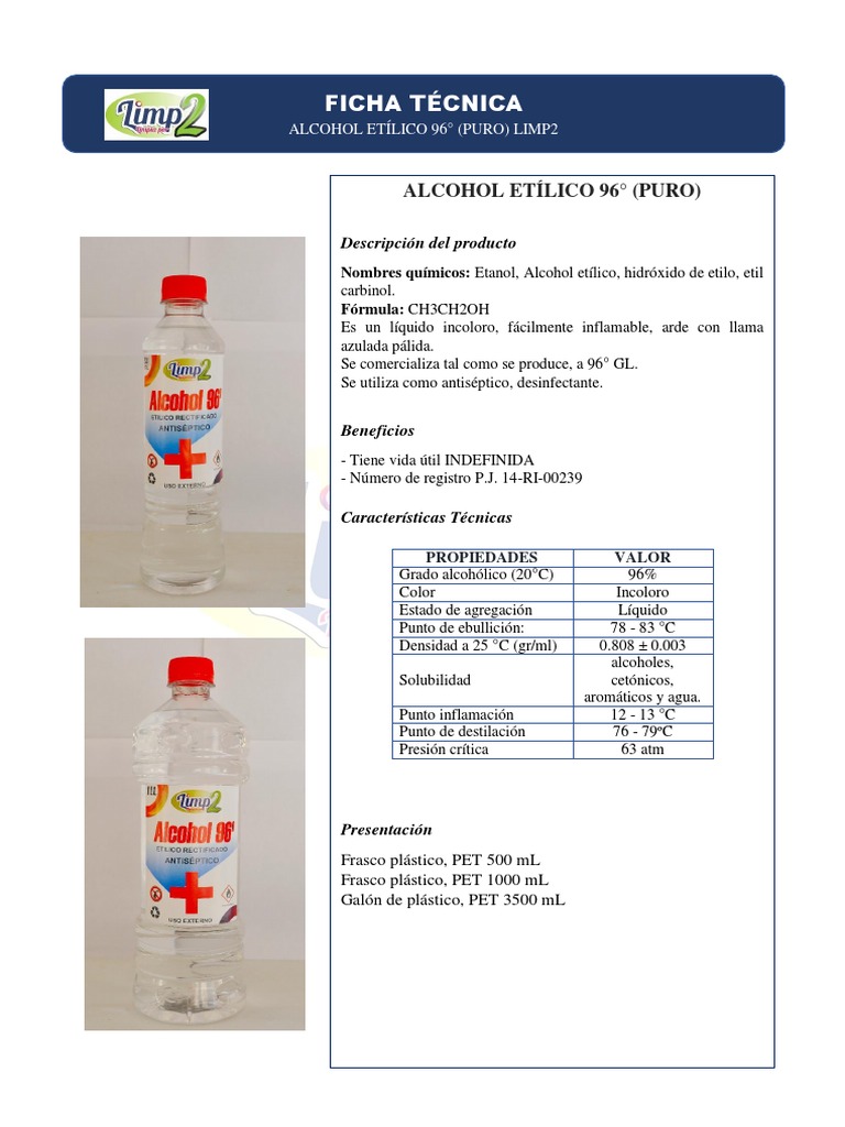Ficha Técnica Alcohol Etílico 96° | PDF | Etanol | Sustancias químicas