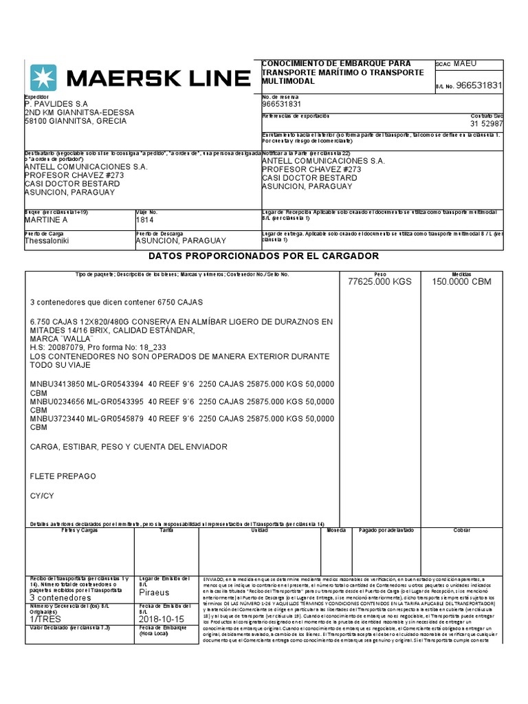 Ejemplo de Conocimiento de Embarque B/L | PDF | Guía de carga | Comercio