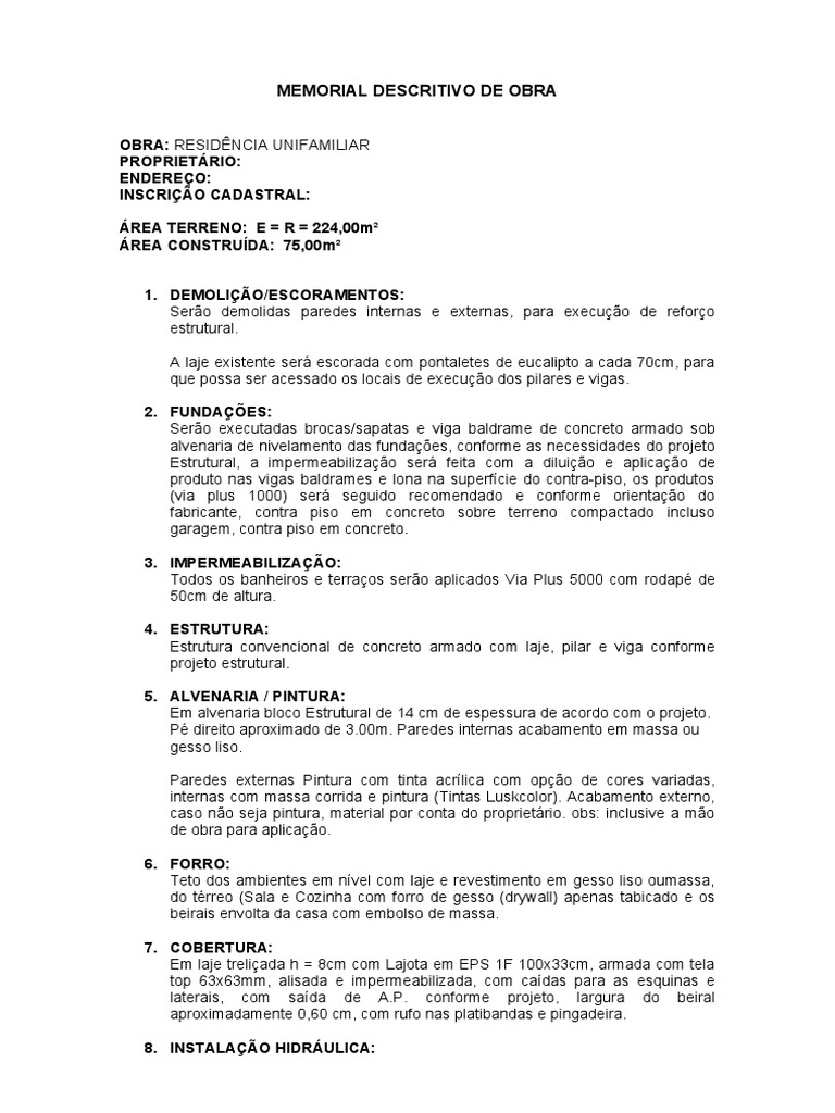 Memorial Descritivo de Obra | PDF | Chuveiro | Drywall