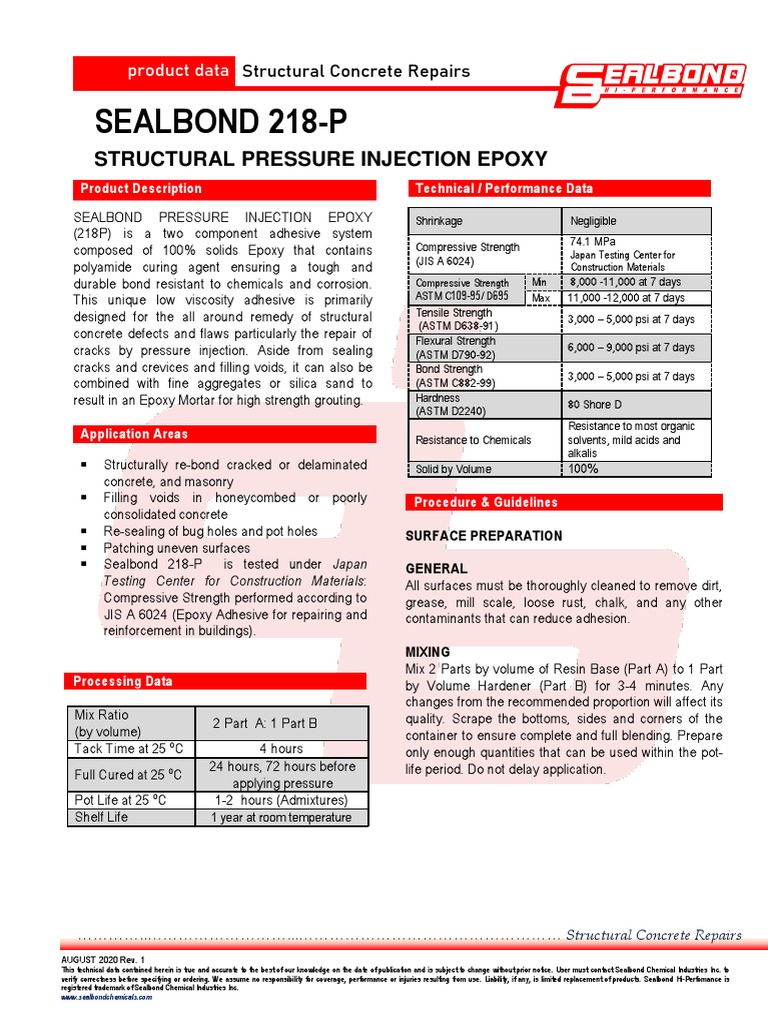 Sealbond 218P Structural Pressure Injection Epoxy PDF Concrete Epoxy