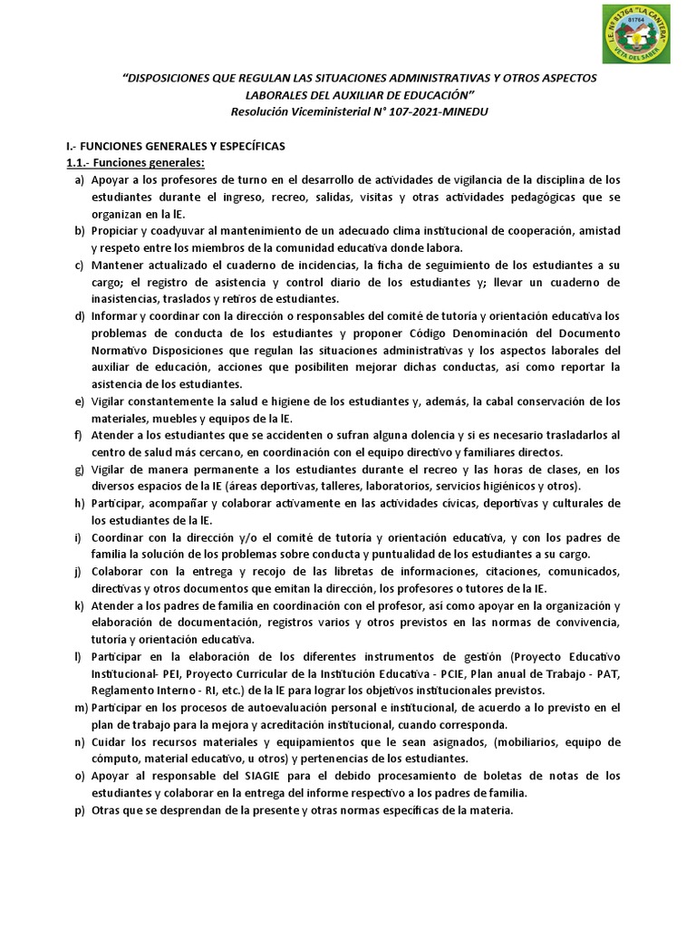 Funciones de Auxiliar en Educacion | PDF | Maestros