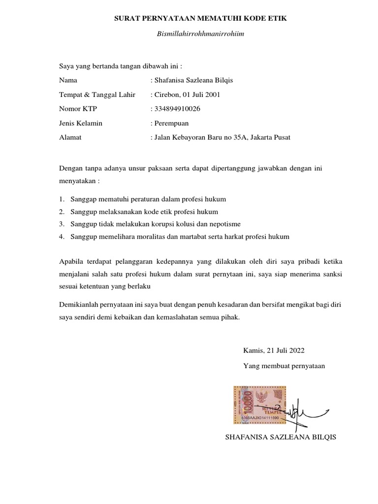 Surat Pernyataan Mematuhi Kode Etik | PDF